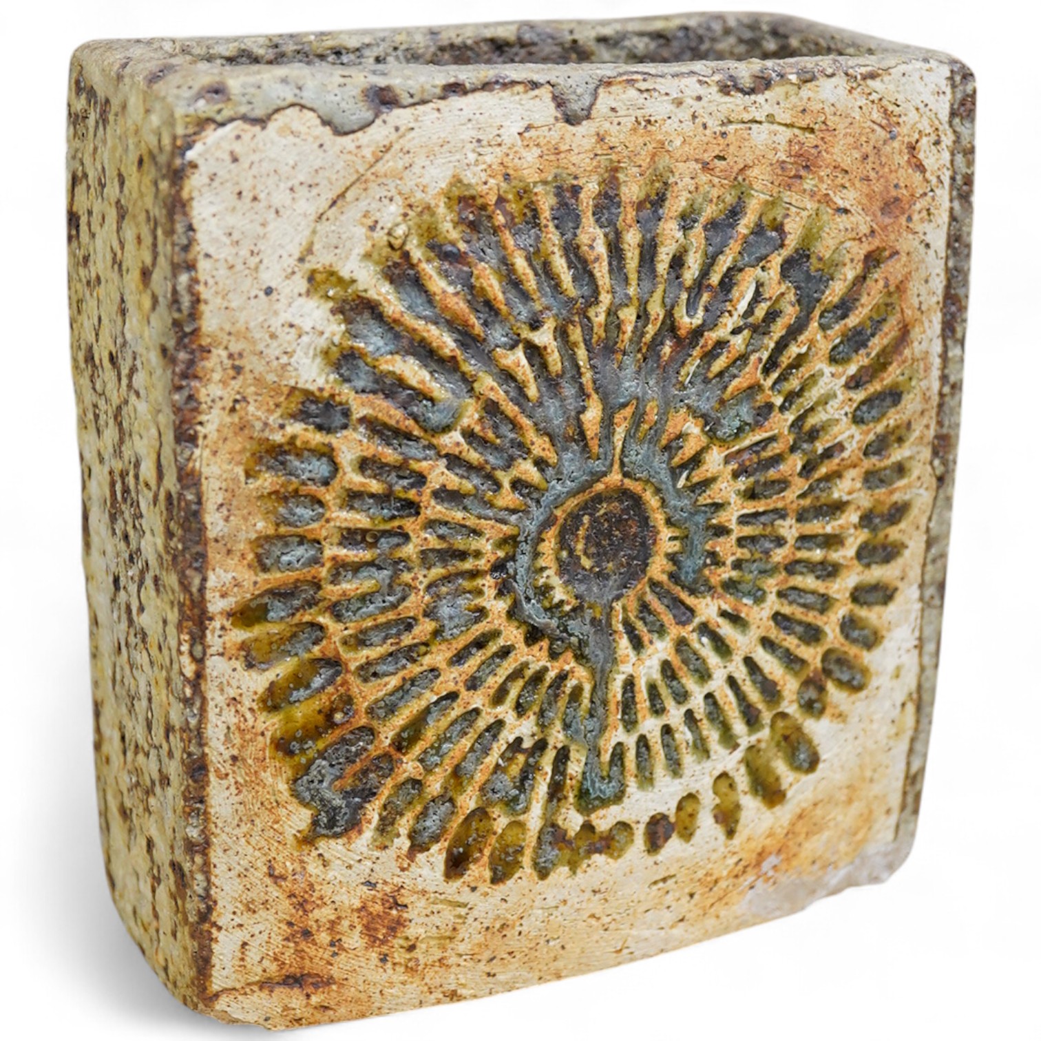 Alan Wallwork (1931-2012), textured studio pottery slab built vase, incised ‘W’ to the base, 16cm high